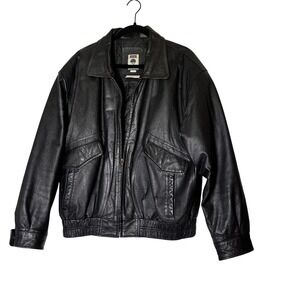 River Trader Mens XL‎ Black Genuine Leather Bomber Jacket Quilted Lined Zip Coat